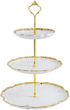 3 Tier Porcelain Serving Tray with Elegant Floral Gold Trim Embossed in 10.2 Inch (3 Tier)