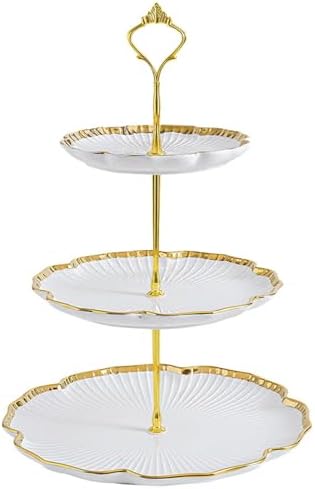 3 Tier Porcelain Serving Tray with Elegant Floral Gold Trim Embossed in 10.2 Inch (3 Tier)