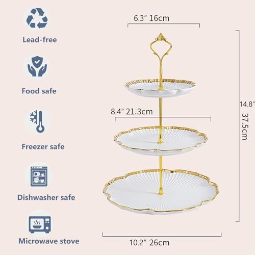 3 Tier Porcelain Serving Tray with Elegant Floral Gold Trim Embossed in 10.2 Inch (3 Tier), alternate view 3