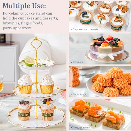 3 Tier Porcelain Serving Tray with Elegant Floral Gold Trim Embossed in 10.2 Inch (3 Tier), alternate view 5
