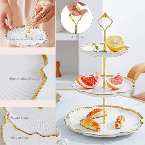 3 Tier Porcelain Serving Tray with Elegant Floral Gold Trim Embossed in 10.2 Inch (3 Tier), alternate view 6