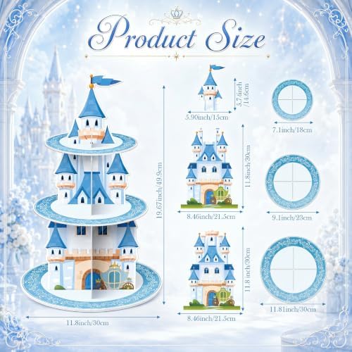 3 Tier Princess Birthday Cupcake Stand Fairytale Castle Decoration in blue, alternate view 2