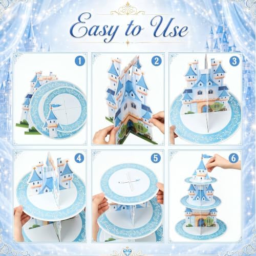 3 Tier Princess Birthday Cupcake Stand Fairytale Castle Decoration in blue, alternate view 4