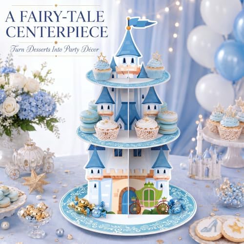 3 Tier Princess Birthday Cupcake Stand Fairytale Castle Decoration in blue, alternate view 5