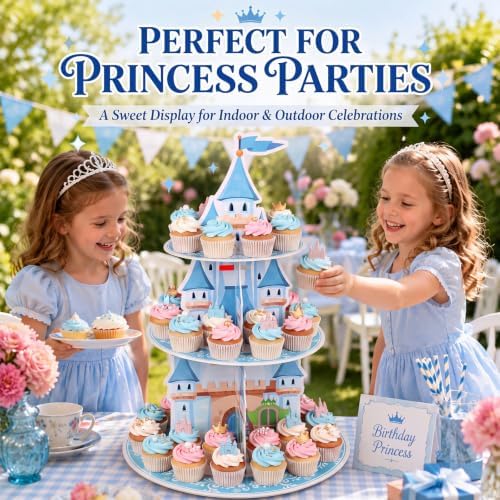 3 Tier Princess Birthday Cupcake Stand Fairytale Castle Decoration in blue, alternate view 6