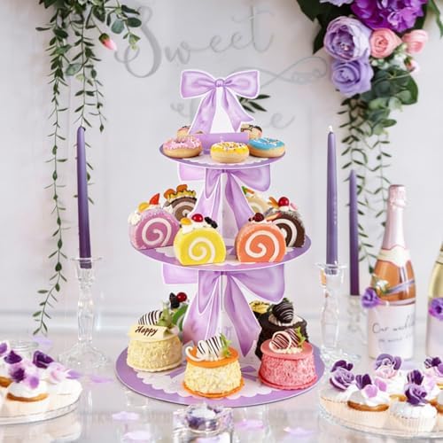 3 Tier Purple Bow Cake Stand Bow Birthday Party Decorations Cake Stand Purple Dessert Tower for Wedding Garden, alternate