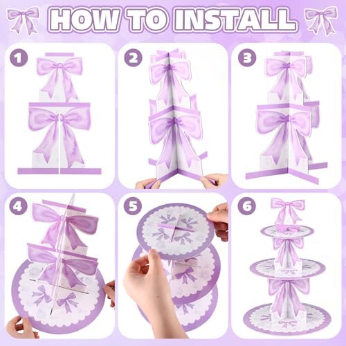 3 Tier Purple Bow Cake Stand Bow Birthday Party Decorations Cake Stand Purple Dessert Tower for Wedding Garden, alternate