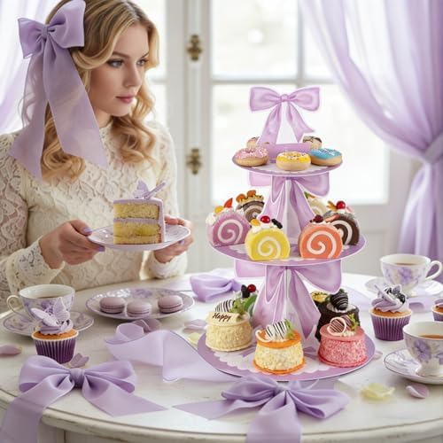 3 Tier Purple Bow Cake Stand Bow Birthday Party Decorations Cake Stand Purple Dessert Tower for Wedding Garden, alternate
