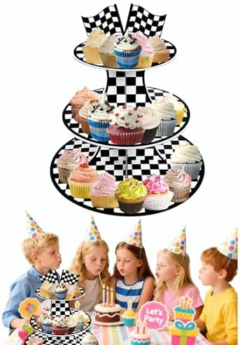 3 Tier Race Car Checkered Cupcake Stand, - Easy to Assemble& Reusable(Car) in Car