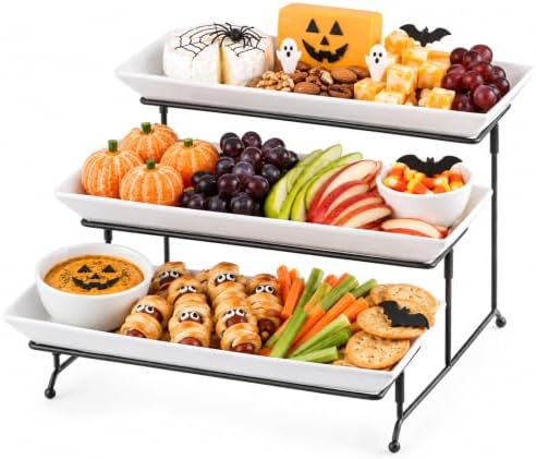 3 Tier Rectangular Serving Tray 14 Inch Serving Platters and Stand in Black
