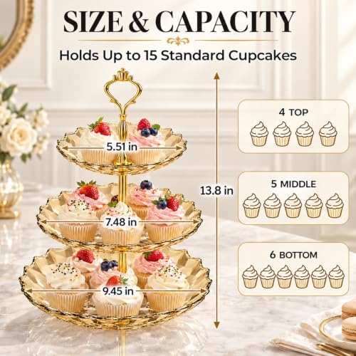 3 Tier Removable Acrylic Cupcake Stand, Dessert Display Tower for Party, Gold in Gold, alternate view 2