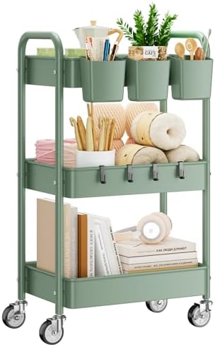 3-Tier Rolling Cart, Green, 66 Pounds Capacity, Mesh Storage Organizer with Lockable Wheels, 3 Hanging Cups, 4