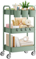 3-Tier Rolling Cart, Green, 66 Pounds Capacity, Mesh Storage Organizer with Lockable Wheels, 3 Hanging Cups, 4