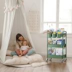 3-Tier Rolling Cart, Green, 66 Pounds Capacity, Mesh Storage Organizer with Lockable Wheels, 3 Hanging Cups, 4, alternate