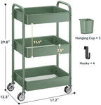 3-Tier Rolling Cart, Green, 66 Pounds Capacity, Mesh Storage Organizer with Lockable Wheels, 3 Hanging Cups, 4, alternate