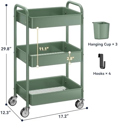 3-Tier Rolling Cart, Green, 66 Pounds Capacity, Mesh Storage Organizer with Lockable Wheels, 3 Hanging Cups, 4, alternate