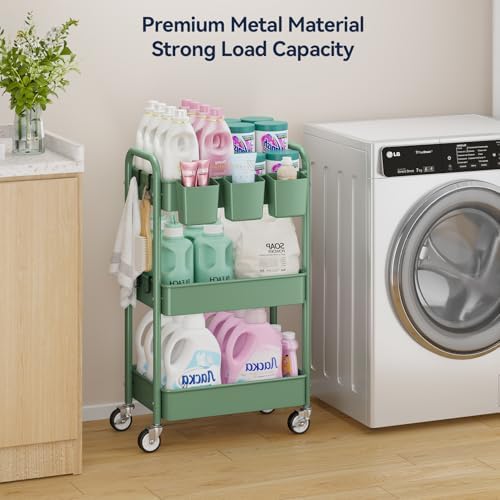 3-Tier Rolling Cart, Green, 66 Pounds Capacity, Mesh Storage Organizer with Lockable Wheels, 3 Hanging Cups, 4, alternate