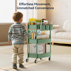 3-Tier Rolling Cart, Green, 66 Pounds Capacity, Mesh Storage Organizer with Lockable Wheels, 3 Hanging Cups, 4, alternate