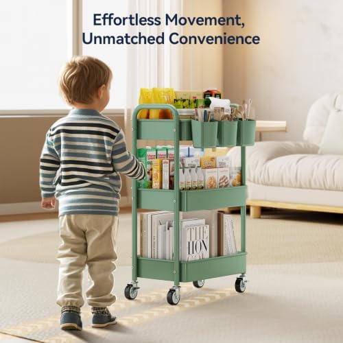 3-Tier Rolling Cart, Green, 66 Pounds Capacity, Mesh Storage Organizer with Lockable Wheels, 3 Hanging Cups, 4, alternate