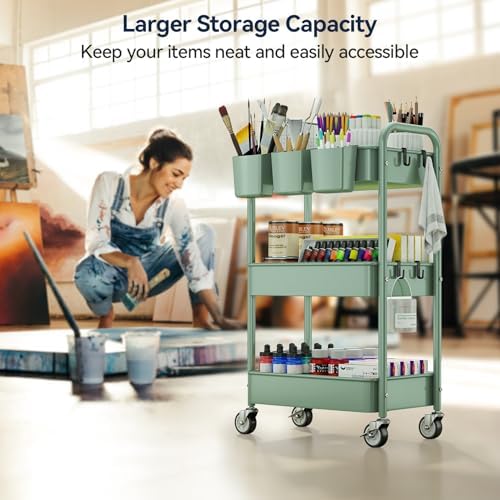 3-Tier Rolling Cart, Green, 66 Pounds Capacity, Mesh Storage Organizer with Lockable Wheels, 3 Hanging Cups, 4, alternate