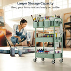 3-Tier Rolling Cart, Green, 66 Pounds Capacity, Mesh Storage Organizer with Lockable Wheels, 3 Hanging Cups, 4, alternate