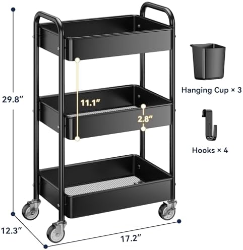 3 Tier Rolling Cart, Heavy Duty Metal Utility Cart with Wheel Black, alternate view 3