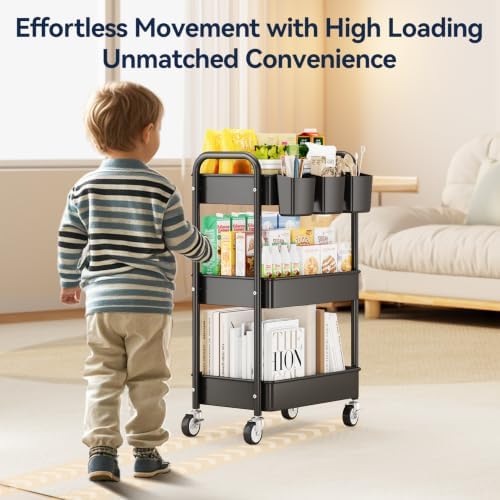 3 Tier Rolling Cart, Heavy Duty Metal Utility Cart with Wheel Black, alternate view 5