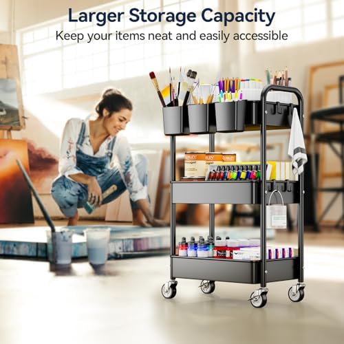 3 Tier Rolling Cart, Heavy Duty Metal Utility Cart with Wheel Black, alternate view 6