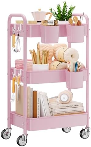 3 Tier Rolling Cart, Heavy Duty Metal Utility Cart with Wheel Pink