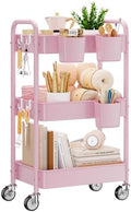 3 Tier Rolling Cart, Heavy Duty Metal Utility Cart with Wheel Pink