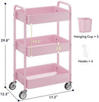 3 Tier Rolling Cart, Heavy Duty Metal Utility Cart with Wheel Pink, alternate view 3