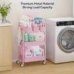 3 Tier Rolling Cart, Heavy Duty Metal Utility Cart with Wheel Pink, alternate view 4
