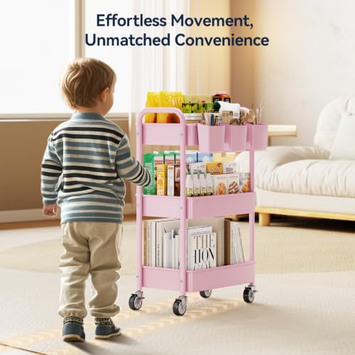 3 Tier Rolling Cart, Heavy Duty Metal Utility Cart with Wheel Pink, alternate view 5