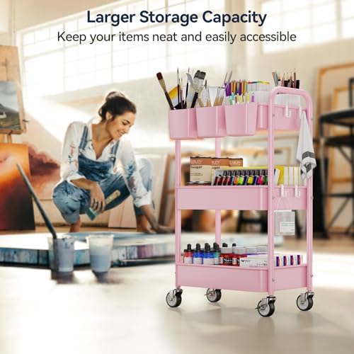 3 Tier Rolling Cart, Heavy Duty Metal Utility Cart with Wheel Pink, alternate view 6