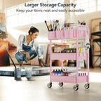 3 Tier Rolling Cart, Heavy Duty Metal Utility Cart with Wheel Pink, alternate view 6