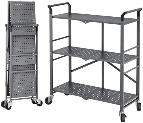 3 Tier Rolling Cart, Metal Utility Cart on Wheels, Grey in Grey