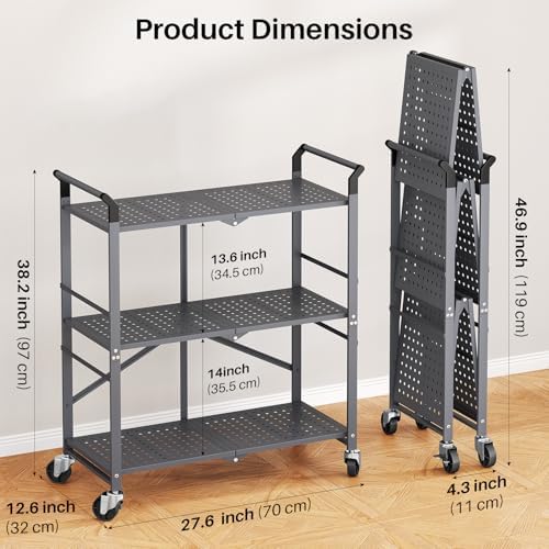 3 Tier Rolling Cart, Metal Utility Cart on Wheels, Grey in Grey, alternate view 3