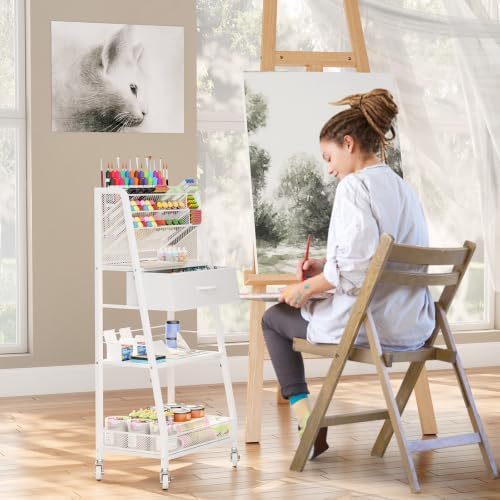 3 Tier Rolling Cart - Metal Utility Cart with Storage Drawer and Wheels, Versatile Art & Craft Organizer for, alternate view