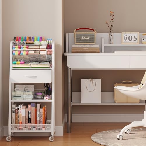 3 Tier Rolling Cart - Metal Utility Cart with Storage Drawer and Wheels, Versatile Art & Craft Organizer for, alternate view
