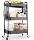 3 Tier Rolling Cart, Metal Utility Storage Cart with Pegboard, Black in Black
