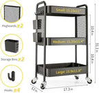 3 Tier Rolling Cart, Metal Utility Storage Cart with Pegboard, Black in Black, alternate view 2