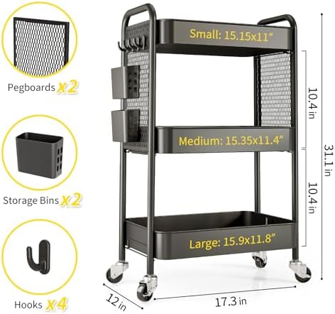 3 Tier Rolling Cart, Metal Utility Storage Cart with Pegboard, Black in Black, alternate view 2