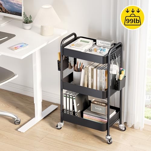 3 Tier Rolling Cart, Metal Utility Storage Cart with Pegboard, Black in Black, alternate view 3