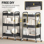 3 Tier Rolling Cart, Metal Utility Storage Cart with Pegboard, Black in Black, alternate view 4