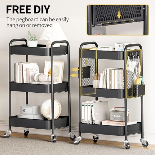 3 Tier Rolling Cart, Metal Utility Storage Cart with Pegboard, Black in Black, alternate view 4