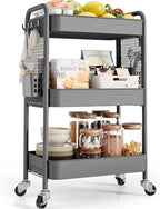3 Tier Rolling Cart, Metal Utility Storage Cart with Pegboard, Grey in Grey