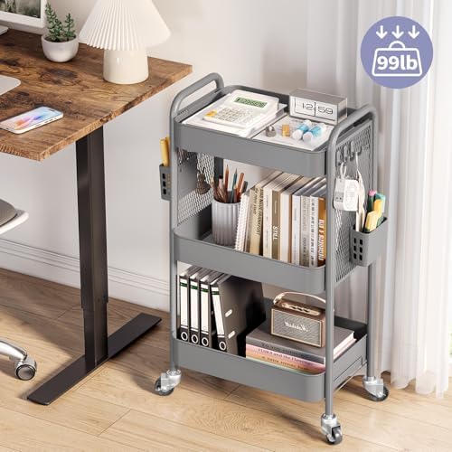 3 Tier Rolling Cart, Metal Utility Storage Cart with Pegboard, Grey in Grey, alternate view 2