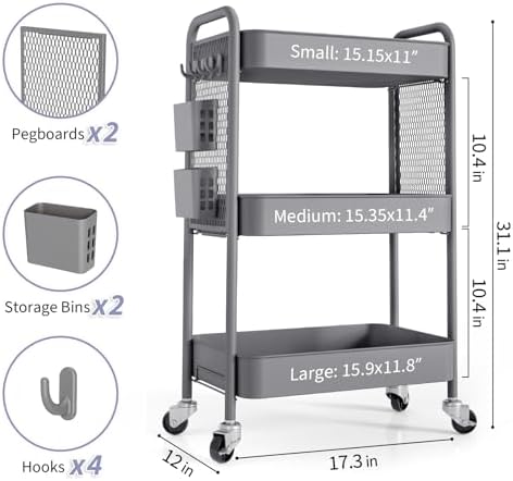 3 Tier Rolling Cart, Metal Utility Storage Cart with Pegboard, Grey in Grey, alternate view 3