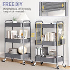 3 Tier Rolling Cart, Metal Utility Storage Cart with Pegboard, Grey in Grey, alternate view 4