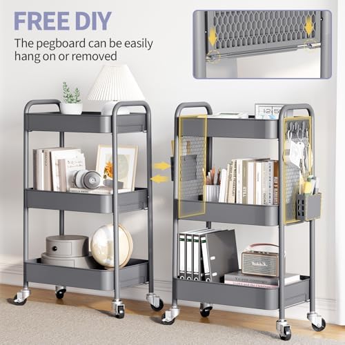 3 Tier Rolling Cart, Metal Utility Storage Cart with Pegboard, Grey in Grey, alternate view 4